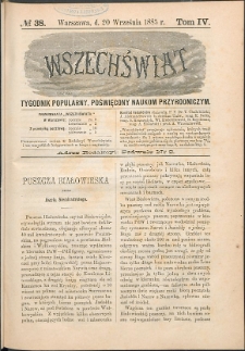 Wszechświat : Tygodnik popularny, poświęcony naukom przyrodniczym, 1885, T. 4, nr 38