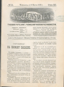 Wszechświat : Tygodnik popularny, poświęcony naukom przyrodniczym, 1892, T. 11, nr 11
