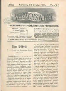 Wszechświat : Tygodnik popularny, poświęcony naukom przyrodniczym, 1892, T. 11, nr 15