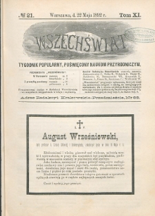 Wszechświat : Tygodnik popularny, poświęcony naukom przyrodniczym, 1892, T. 11, nr 21