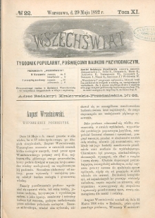 Wszechświat : Tygodnik popularny, poświęcony naukom przyrodniczym, 1892, T. 11, nr 22