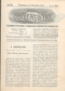 Wszechświat : Tygodnik popularny, poświęcony naukom przyrodniczym, 1892, T. 11, nr 34