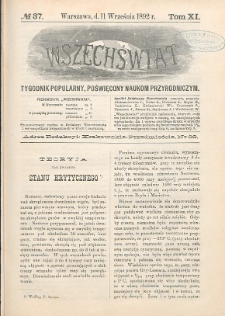 Wszechświat : Tygodnik popularny, poświęcony naukom przyrodniczym, 1892, T. 11, nr 37