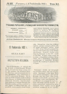 Wszechświat : Tygodnik popularny, poświęcony naukom przyrodniczym, 1892, T. 11, nr 42