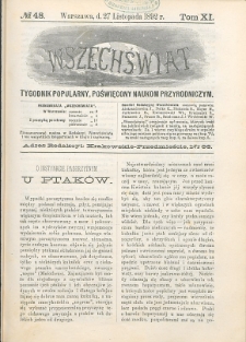 Wszechświat : Tygodnik popularny, poświęcony naukom przyrodniczym, 1892, T. 11, nr 48