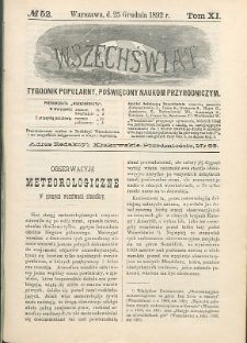 Wszechświat : Tygodnik popularny, poświęcony naukom przyrodniczym, 1892, T. 11, nr 52