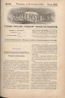 Wszechświat : Tygodnik popularny, poświęcony naukom przyrodniczym, 1893, T. 12, nr 39