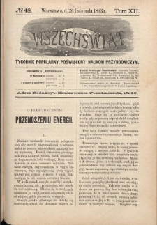 Wszechświat : Tygodnik popularny, poświęcony naukom przyrodniczym, 1893, T. 12, nr 48