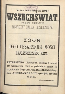 Wszechświat : Tygodnik popularny, poświęcony naukom przyrodniczym, 1894, T. 13, nr 44