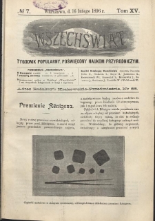 Wszechświat : Tygodnik popularny, poświęcony naukom przyrodniczym, 1896, T. 15, nr 7