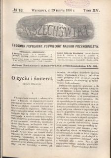 Wszechświat : Tygodnik popularny, poświęcony naukom przyrodniczym, 1896, T. 15, nr 13