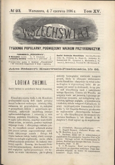 Wszechświat : Tygodnik popularny, poświęcony naukom przyrodniczym, 1896, T. 15, nr 23
