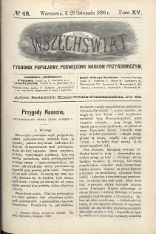 Wszechświat : Tygodnik popularny, poświęcony naukom przyrodniczym, 1896, T. 15, nr 48