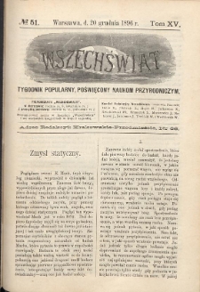 Wszechświat : Tygodnik popularny, poświęcony naukom przyrodniczym, 1896, T. 15, nr 51