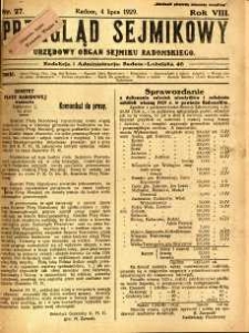 Przegląd Sejmikowy : Urzędowy Organ Sejmiku Radomskiego, 1929, R. 8. nr 27