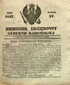 Dziennik Urzędowy Gubernii Radomskiej, 1847, nr 27