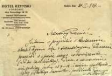 Hotel Rzymski w Radomiu - list z dnia 21.01.1937 r.
