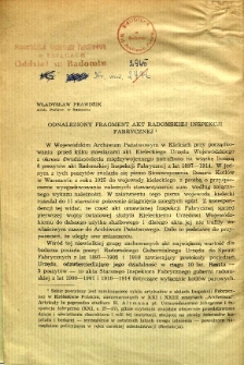 Odnaleziony fragment akt Radomskiej Inspekcji Fabrycznej
