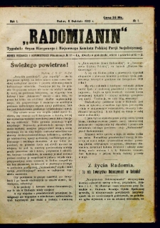 Radomianin, 1922, R. 1, nr 1