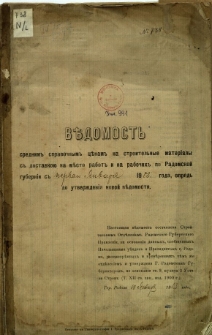 Vedomost' srednim'' spravočnym'' cenam'' na stroitel'nye meterialy s'' dostavkoŭ na mesto rabot'' i na rabočih'' po Radomskoj Gubernii s'' pervago &Acirc;nvaria 1903 goda vpried'' do utverždeni&acirc; novoj Vedomosti
