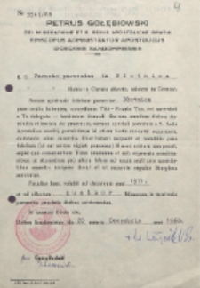 Petrus Gołębiowski Dei Miseratione et S.Sedis Apostolicea Gratia Episcopus Administrator Apostolicus Dieocesis Sandomiriensis [Inc.:] R.D. Parocho paroeciae in Błotnica […]