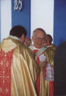 [Arcybiskup Stanisław Nowak podczas uroczystości 25 rocznicy koronacji obrazu Matki Bożej Pocieszenia w Starej Błotnicy]