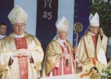 [Arcybiskup Stanisław Nowak, biskup Edward Materski, biskup Zygmunt Zimowski podczas uroczystości 25 rocznicy koronacji obrazu Matki Bożej Pocieszenia w Starej Błotnicy]