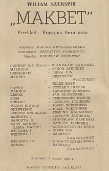 Wiliam Szekspir „Makbet” ; przekład : Krystyna Berwińska / Państwowy Teatr im. Stefana Żeromskiego w Kielcach