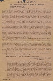 Odezwa do mieszkańców miasta Radomia. Obywatele!