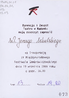 [Zaproszenie na Inaugurację IV Międzynarodowego festiwalu Gombrowiczowskiego] / Teatr Powszechny im. Jana Kochanowskiego w Radomiu