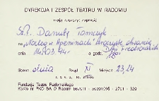 [Zaproszenie dla Danuty Tomczyk na premierę "Nocleg w Apeninach"]/ Teatr Powszechny im. Jana Kochanowskiego w Radomiu