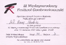 [Zaproszenie dla dyrektor Anny Skubisz na inaugurację III Międzynrodowego Festiwalu Gombrowiczowskiego]