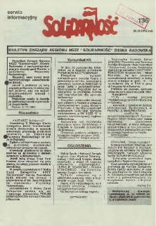 Biuletyn NSZZ "Solidarność" Ziemia Radomska, 1992, nr 136