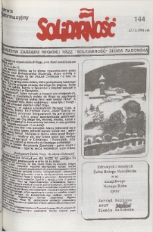 Biuletyn NSZZ "Solidarność" Ziemia Radomska, 1992, nr 144