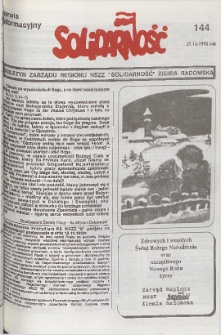 Biuletyn NSZZ "Solidarność" Ziemia Radomska, 1992, nr 144