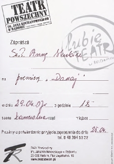 [Zaproszenie dla Anny Skubisz na premierę &bdquo;Dawaj" ]/ Teatr Powszechny im. Jana Kochanowskiego w Radomiu