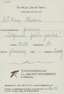 [Zaproszenie dla Anny Skubisz na premierę przedstawienia „Odprawa posłów greckich”] / Teatr Powszechny im. Jana Kochanowskiego w Radomiu