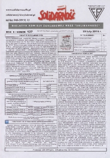 Solidarność : Biuletyn Komisji Zakladowej NSZZ "Solidarność", 2019, R. 9, nr 137