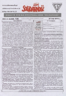 Solidarność : Biuletyn Komisji Zakladowej NSZZ "Solidarność", 2019, R. 9, nr 138