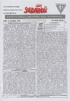 Solidarność : Biuletyn Komisji Zakladowej NSZZ "Solidarność", 2019, R. 9, nr 147