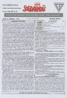 Solidarność : Biuletyn Komisji Zakladowej NSZZ "Solidarność", 2018, R. 8, nr 116