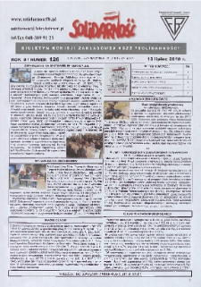 Solidarność : Biuletyn Komisji Zakladowej NSZZ "Solidarność", 2018, R. 8, nr 126