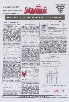 Solidarność : Biuletyn Komisji Zakladowej NSZZ "Solidarność", 2015, R. 7, nr 74