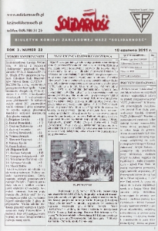 Solidarność : Biuletyn Komisji Zakladowej NSZZ "Solidarność", 2011, R. 3, nr 22