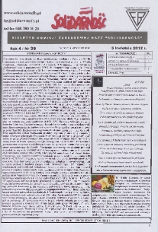 Solidarność : Biuletyn Komisji Zakladowej NSZZ "Solidarność", 2012, R. 4, nr 36