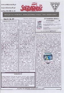 Solidarność : Biuletyn Komisji Zakladowej NSZZ "Solidarność", 2012, R. 4, nr 37