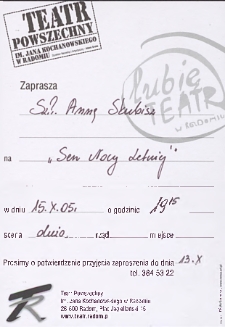 [Zaproszenie dla Anny Skubisz na spektakl „Sen Nocy Letniej" ] / Teatr Powszechny im. Jana Kochanowskiego w Radomiu