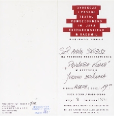 [Zaproszenie dla Anny Skubisz na premierę &bdquo;Prywatna klinika&rdquo;] / Teatr Powszechny im. Jana Kochanowskiego w Radomiu