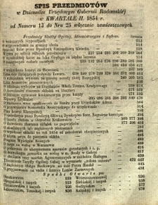 Spis Przedmiotów w Dzienniku Urzędowym Gubernii Radomskiej w kwartale II 1854 r. od numeru 13 do nr 25 włącznie zamieszczonych