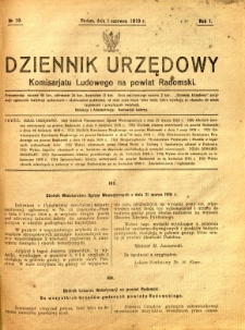 Dziennik Urzędowy Komisarjatu Ludowego na powiat Radomski, 1919, R. 1, nr 10